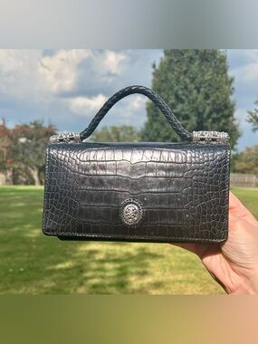Brighton Vintage Black Croc Embossed Patent Leather Top Handle Clutch GUC